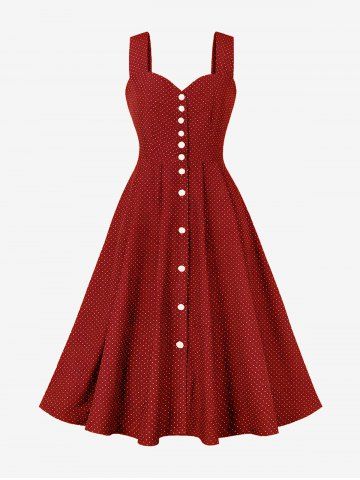 Dots Print Button Down Vintage Tank Dress - RED - M