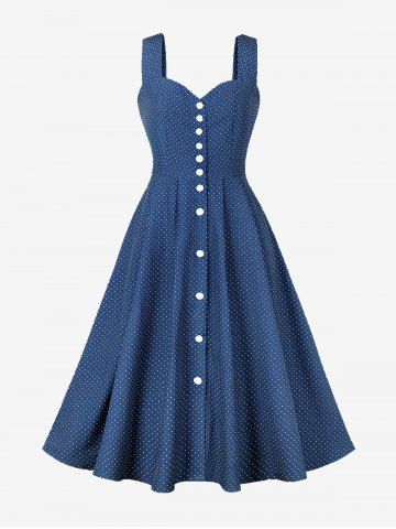 Dots Print Button Down Vintage Tank Dress - BLUE - S