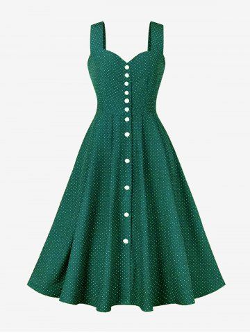 Dots Print Button Down Vintage Tank Dress - GREEN - S