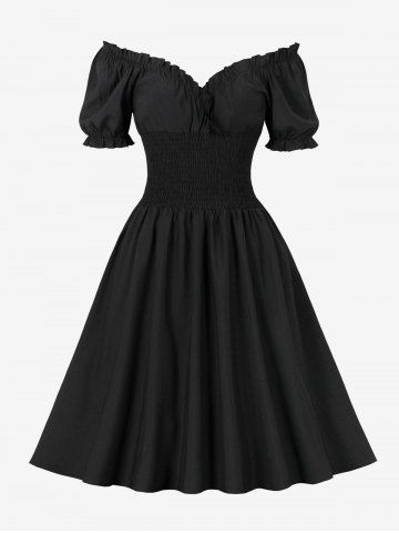 Ruffles Ruched Panel V Neck Vintage Dress - BLACK - S