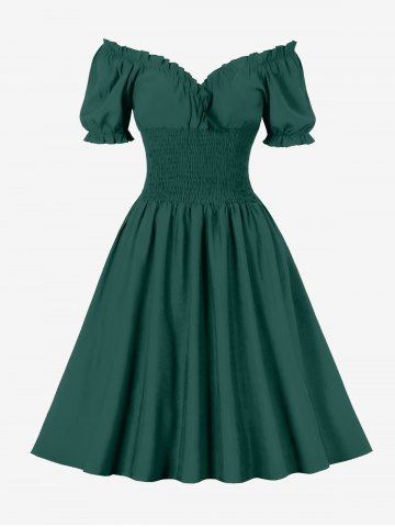 Ruffles Ruched Panel V Neck Vintage Dress - GREEN - S