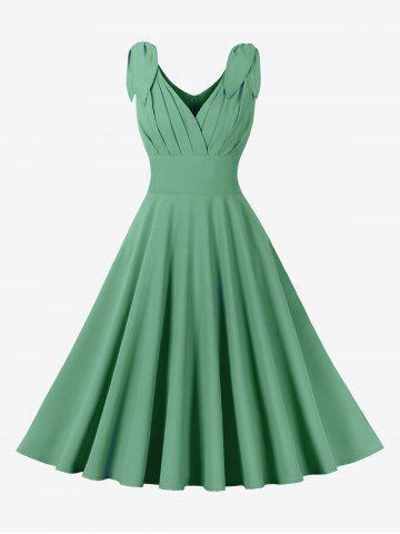 Pleated Panel Zipper Back Surplice Leaf Pattern Shoulder Tank Vintage Dress - GREEN - S