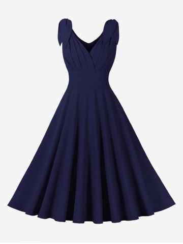 Robe Vintage Superposée Panneau Plissé Au Dos Motif de Feuille Zip Au Dos - DEEP BLUE - S