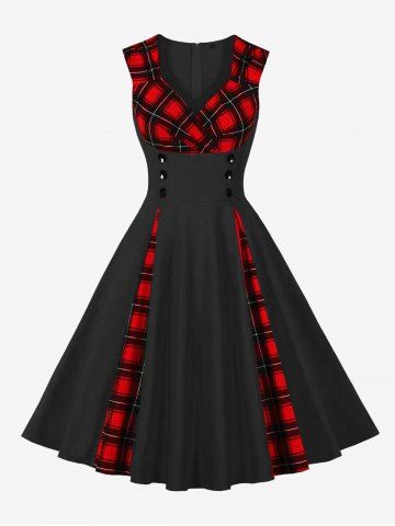 Plaid Patchwork Surplice Buttons Zipper Back Tank Vintage Dress - BLACK - S