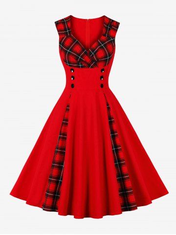 Plaid Patchwork Surplice Buttons Zipper Back Tank Vintage Dress - RED - S