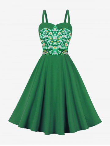 Robe Vintage Fleur Imprimée Jointif Zippée Au Dos à Volants - GREEN - S