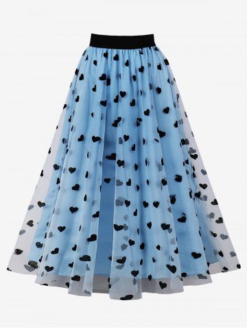 Flocking Mesh Heart Layered Skirt - LIGHT BLUE - 2XL