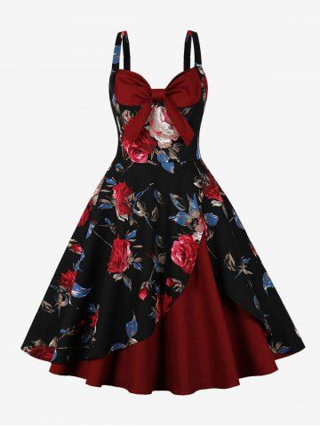 Flowers Leaf Print Tulip Hem Layered Bowknot Panel Tank Vintage Dress - DEEP RED - L