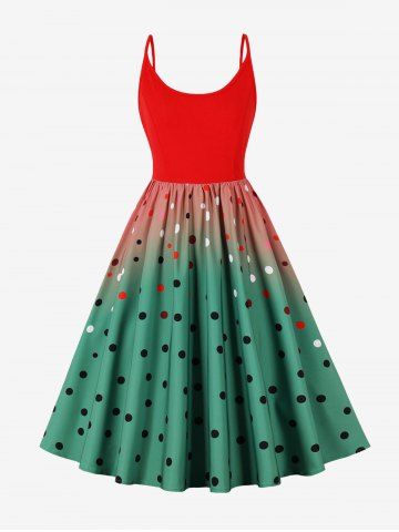 Polka Dot Ombre Print Patchwork Cami Vintage Dress - MULTI-A - S