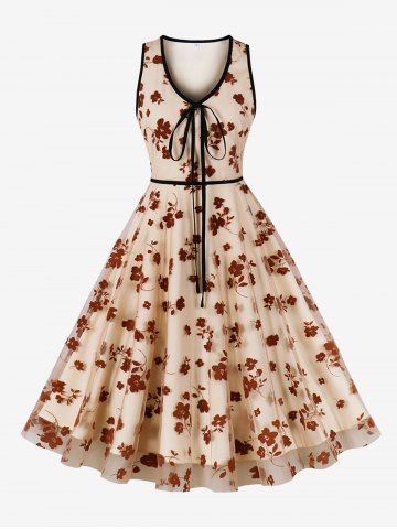 Floral Flocking Mesh Tie Layered Tank Vintage Dress - APRICOT - M