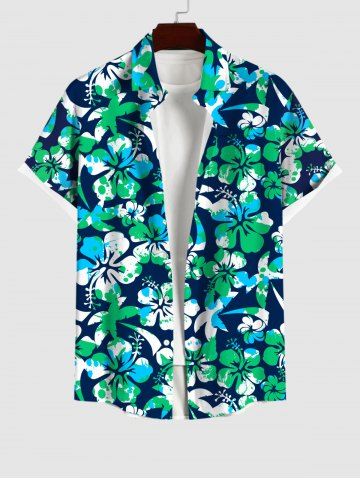 Plus Size Coconut Tree Hibiscus Flowers Paint Splatter Print Buttons Pocket Hawaii Shirt For Men