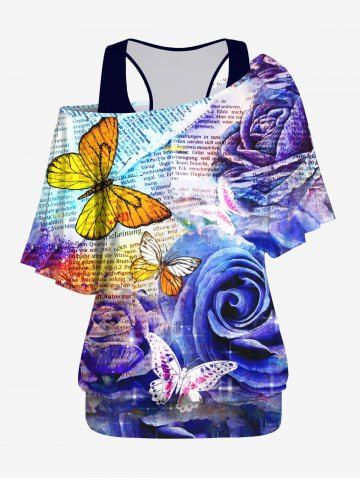 Plus Size Racerback Tank Top And Butterfly Newspaper Rose Flower Print T-shirt