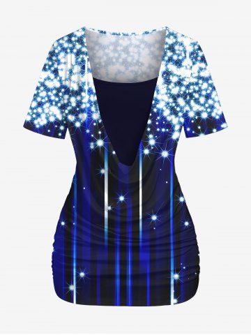Plus Size Star Glitter Light Beam 3D Print Cowl Neck T-shirt - BLUE - 1X