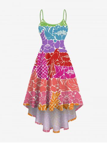 Plus Size Pineapple Floral Coconut Leaves Bird Colorblock Print Hawaii High Low Asymmetric A Line Cami Dress - MULTI-A - XS