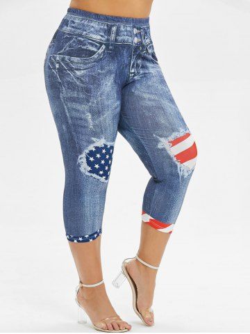 Plus Size 3D Ripped Patriotic American Flag Pocket Denim Print Capri Leggings - BLUE - S