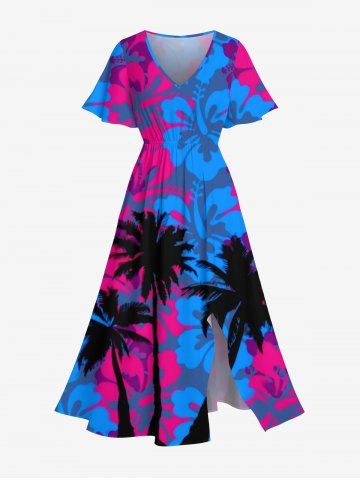 Plus Size Coconut Tree Floral Print Hawaii Split Pocket A Line Dress - BLUE - 1X