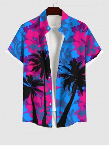 Plus Size Coconut Tree Floral Print Hawaii Button Pocket Shirt For Men - SKY BLUE - M