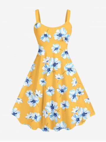 Plus Size Flowers Print Backless A Line Hawaii Dress - YELLOW - M