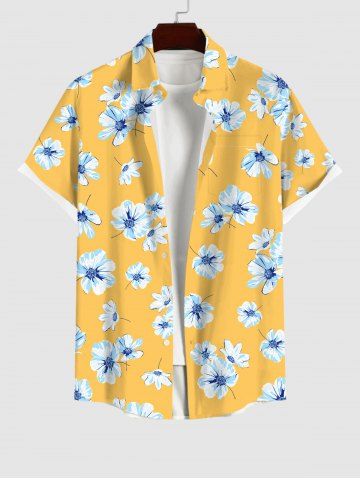 Plus Size Flowers Print Hawaii Button Shirt For Men - YELLOW - L