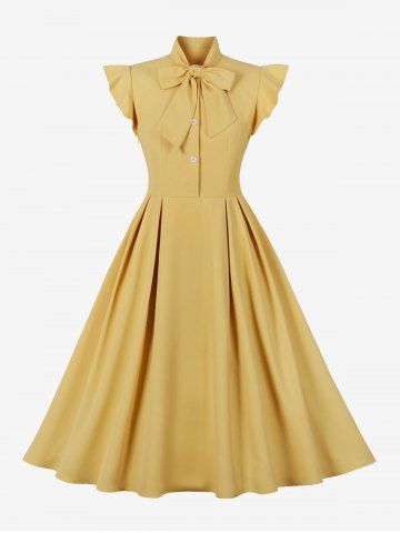 Pleated Buttons Bow Tie Collar Flutter Sleeves Vintage Dress - YELLOW - S