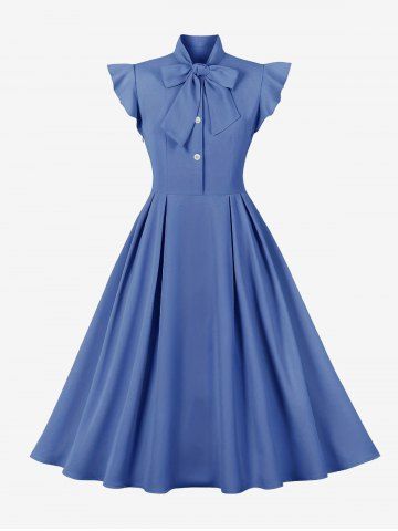 Pleated Buttons Bow Tie Collar Flutter Sleeves Vintage Dress - BLUE - S