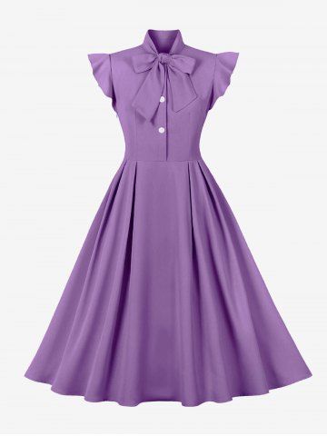 Pleated Buttons Bow Tie Collar Flutter Sleeves Vintage Dress - PURPLE - S