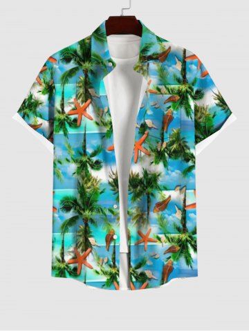Plus Size Coconut Tree Starfish Sea Boat Print Buttons Pocket Hawaii Shirt For Men - GREEN - 2XL