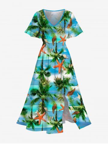 Plus Size Coconut Tree Starfish Sea Boat Print Pocket Hawaii Split Dress - GREEN - 3X