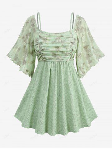 Plus Size Butterfly Printed Floral Lace Embroidered Textured Ruched Top - GREEN - M | US 10