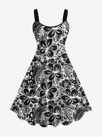 Plus Size Flowers Leaf Paisley Print Hawaii Tank Dress - BLACK - S