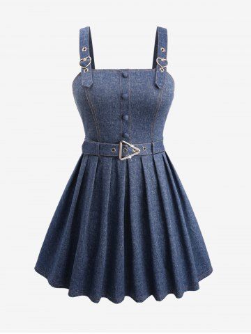 Plus Size Glitter Sparkling Buckle Grommet Mock Button Pleated Backless Denim Belted A Line Tank Dress - BLUE - L | US 12