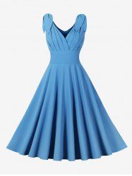 Pleated Panel Zipper Back Surplice Leaf Pattern Shoulder Tank Vintage Dress -  