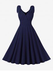 Pleated Panel Zipper Back Surplice Leaf Pattern Shoulder Tank Vintage Dress -  