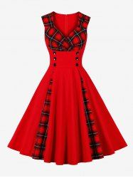 Plaid Patchwork Surplice Buttons Zipper Back Tank Vintage Dress -  