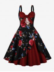 Flowers Leaf Print Tulip Hem Layered Bowknot Panel Tank Vintage Dress -  