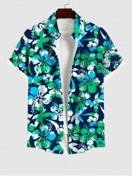 Plus Size Coconut Tree Hibiscus Flowers Paint Splatter Print Buttons Pocket Hawaii Shirt For Men -  