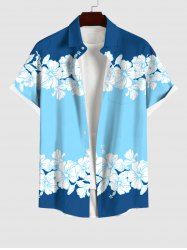 Plus Size Hibiscus Flowers Colorblock Print Buttons Pocket Hawaii Shirt For Men -  
