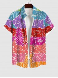 Plus Size Pineapple Floral Coconut Leaves Bird Colorblock Print Hawaii Button Pocket Shirt For Men -  