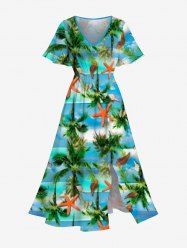 Plus Size Coconut Tree Starfish Sea Boat Print Pocket Hawaii Split Dress -  
