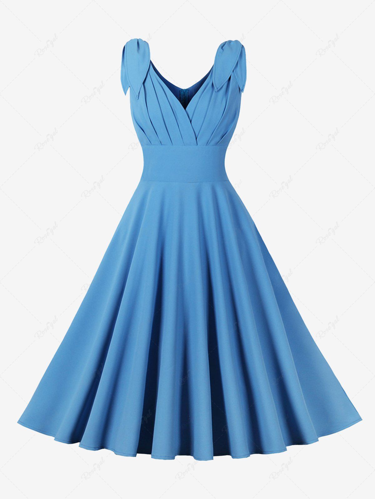 Sale Pleated Panel Zipper Back Surplice Leaf Pattern Shoulder Tank Vintage Dress  