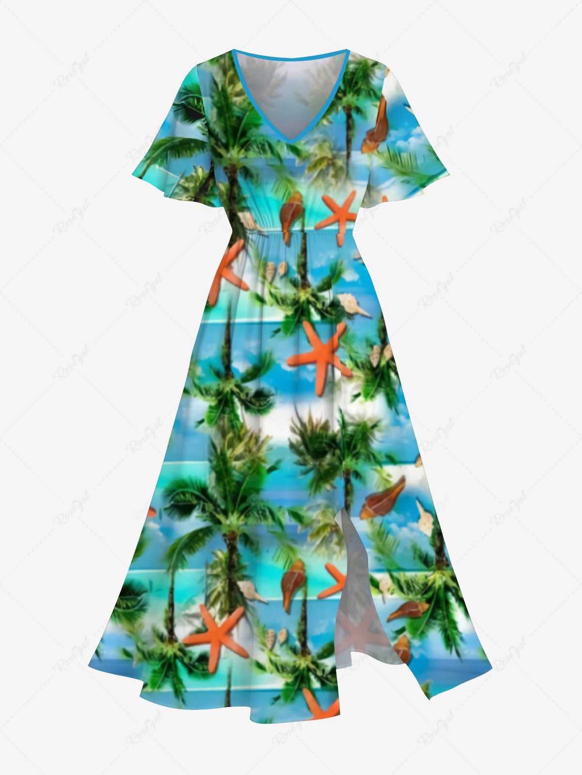 Trendy Plus Size Coconut Tree Starfish Sea Boat Print Pocket Hawaii Split Dress  