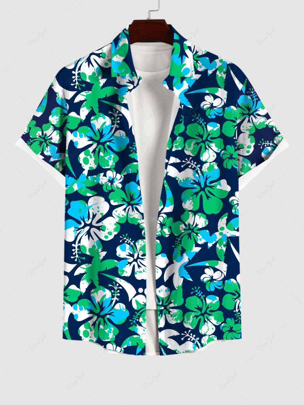 Outfit Plus Size Coconut Tree Hibiscus Flowers Paint Splatter Print Buttons Pocket Hawaii Shirt For Men  