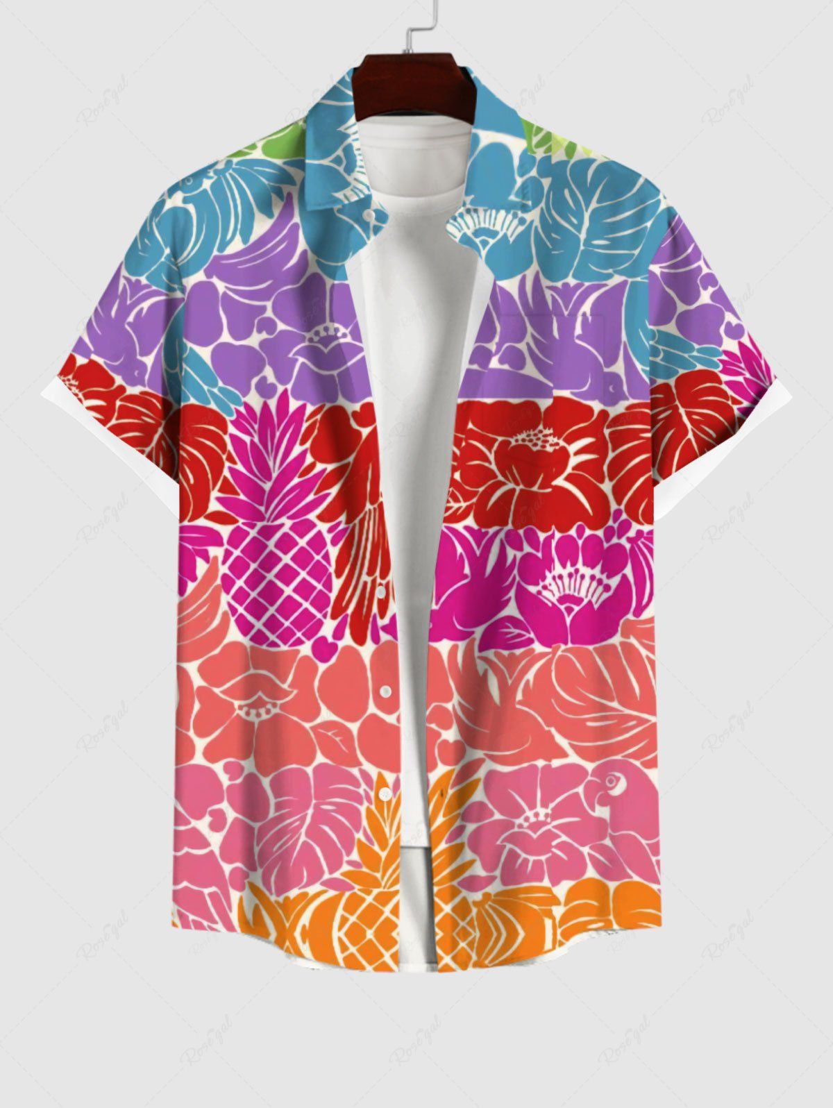 Outfit Plus Size Pineapple Floral Coconut Leaves Bird Colorblock Print Hawaii Button Pocket Shirt For Men  