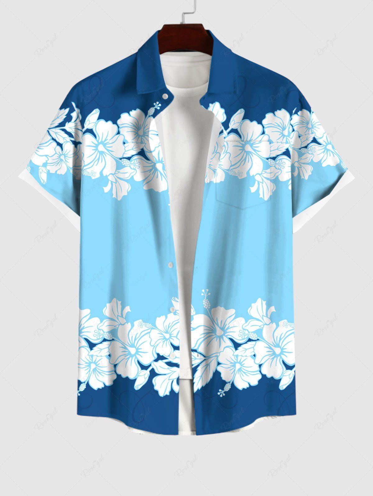 Chic Plus Size Hibiscus Flowers Colorblock Print Buttons Pocket Hawaii Shirt For Men  