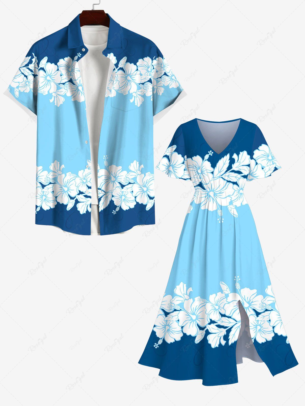 Fashion Hibiscus Flowers Colorblock Print Plus Size Matching Hawaii Beach Outfit For Couples  