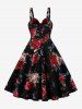 Flowers Leaf Print Tulip Hem Layered Bowknot Panel Tank Vintage Dress -  