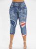 Plus Size 3D Ripped Patriotic American Flag Pocket Denim Print Capri Leggings -  