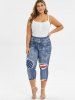 Plus Size 3D Ripped Patriotic American Flag Pocket Denim Print Capri Leggings -  