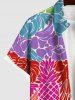 Plus Size Pineapple Floral Coconut Leaves Bird Colorblock Print Hawaii Button Pocket Shirt For Men -  
