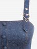 Plus Size Glitter Sparkling Buckle Grommet Mock Button Pleated Backless Denim Belted A Line Tank Dress - Bleu 1X | US 14-16
